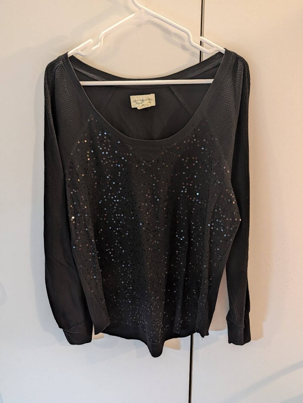 Denim & Supply Woman's XL Sequin-Embellished Black Women's Long-Sleeve Top